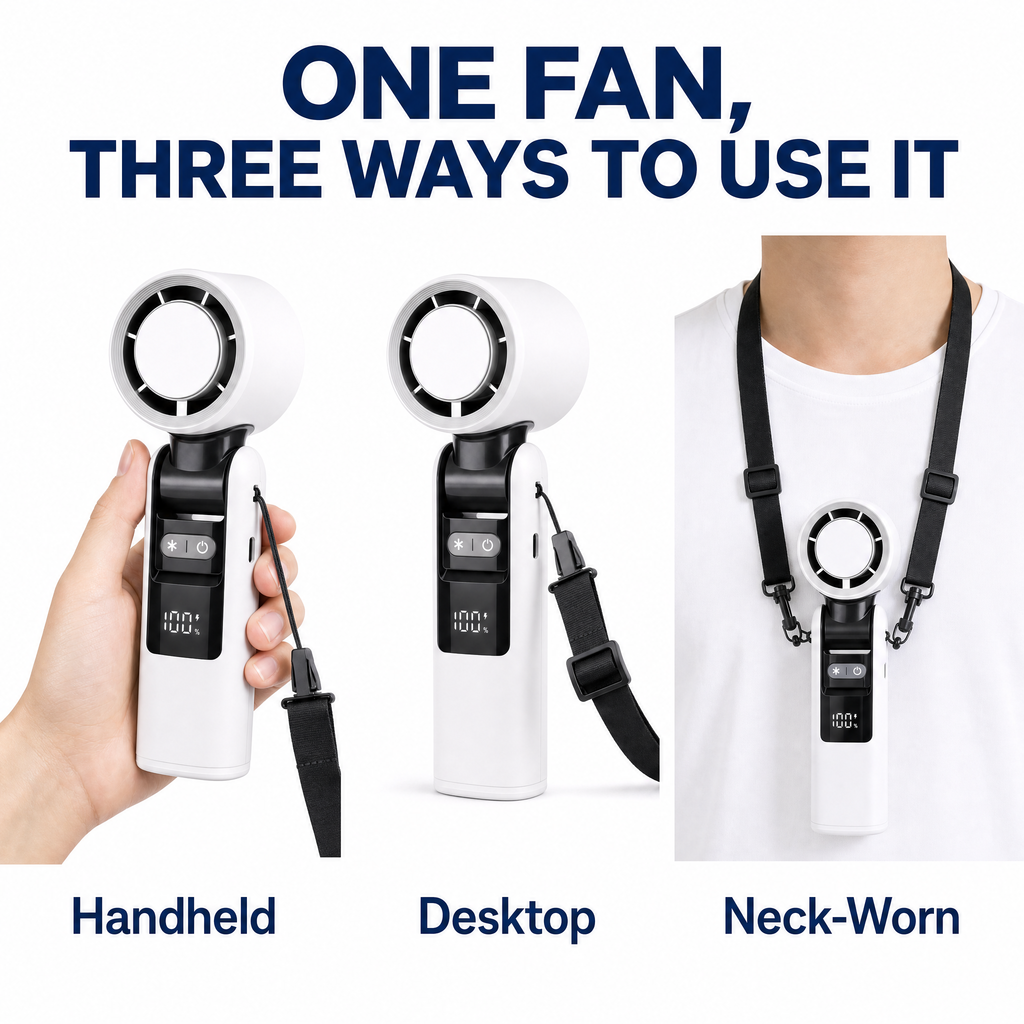 Favonia one fan three ways to use it, handheld desktop neck-worn