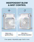 Favonia Mist Breeze fan, independent blow and mist mode feature graphic