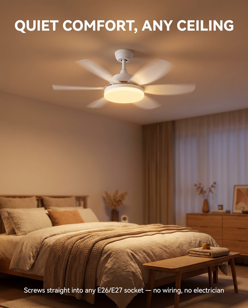 Favonia Flower Ceiling Fan Light installed, warm LED glow, bedroom ceiling lifestyle photo