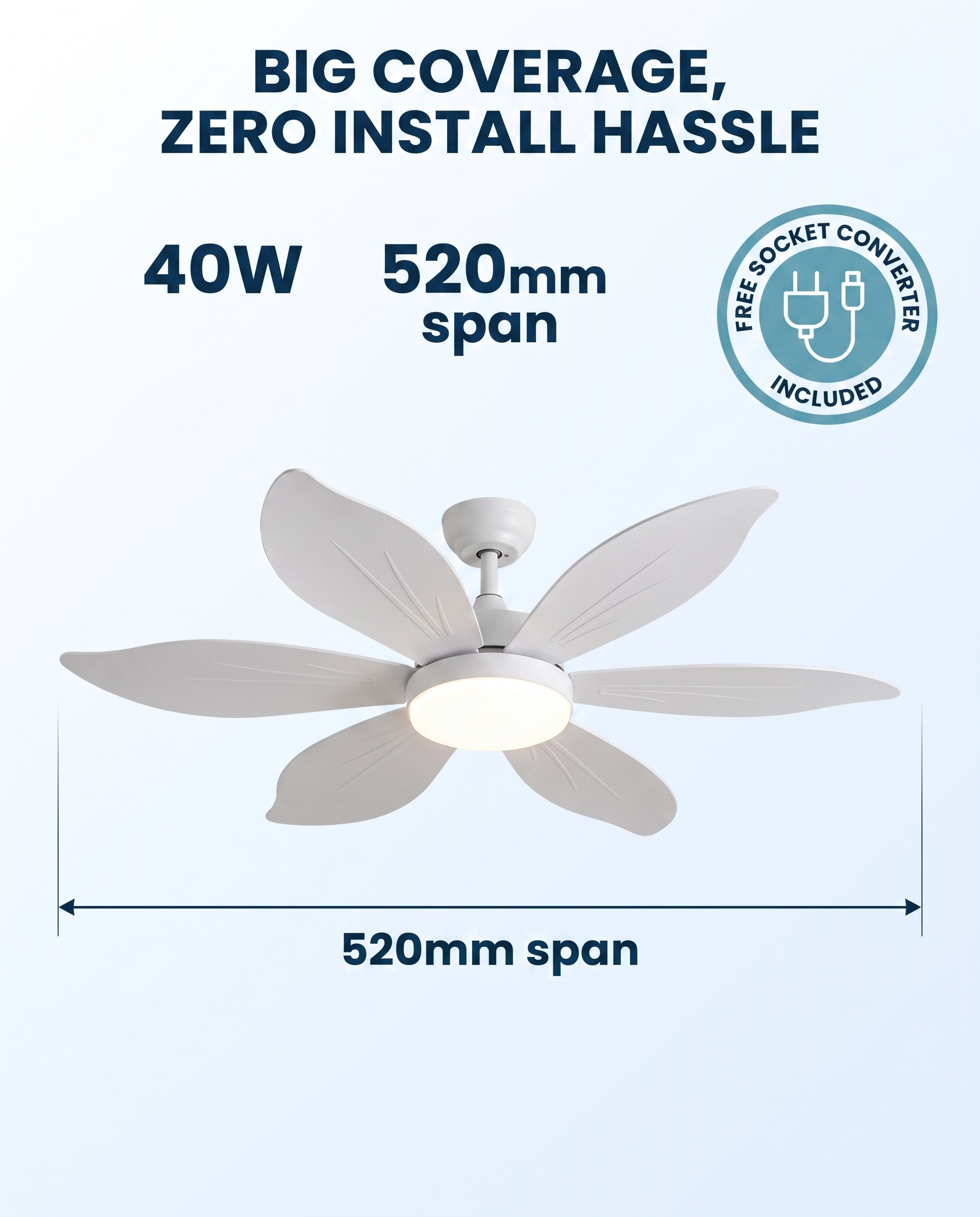 Favonia Flower Ceiling Fan Light 40W 520mm span, free socket converter included feature graphic