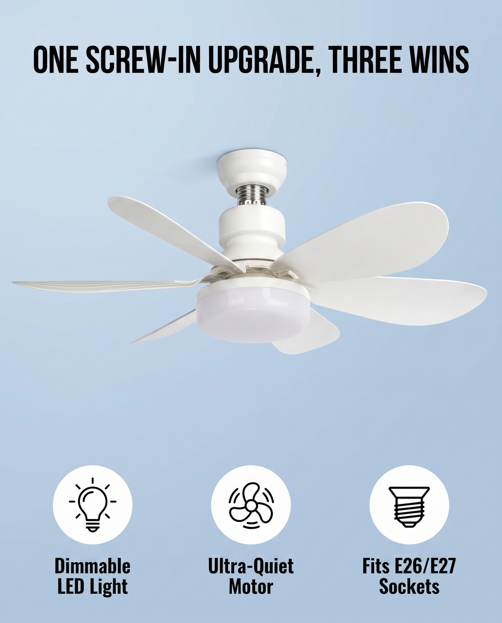 Favonia Flower Ceiling Fan Light, dimmable LED, quiet motor, E26/E27 socket feature graphic