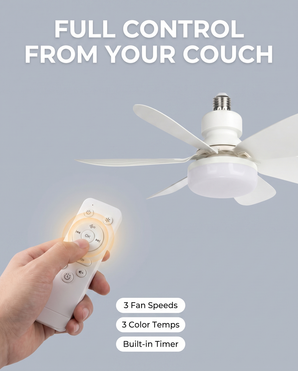 Favonia Flower Ceiling Fan Light remote control feature graphic, 3 speeds 3 color temps timer