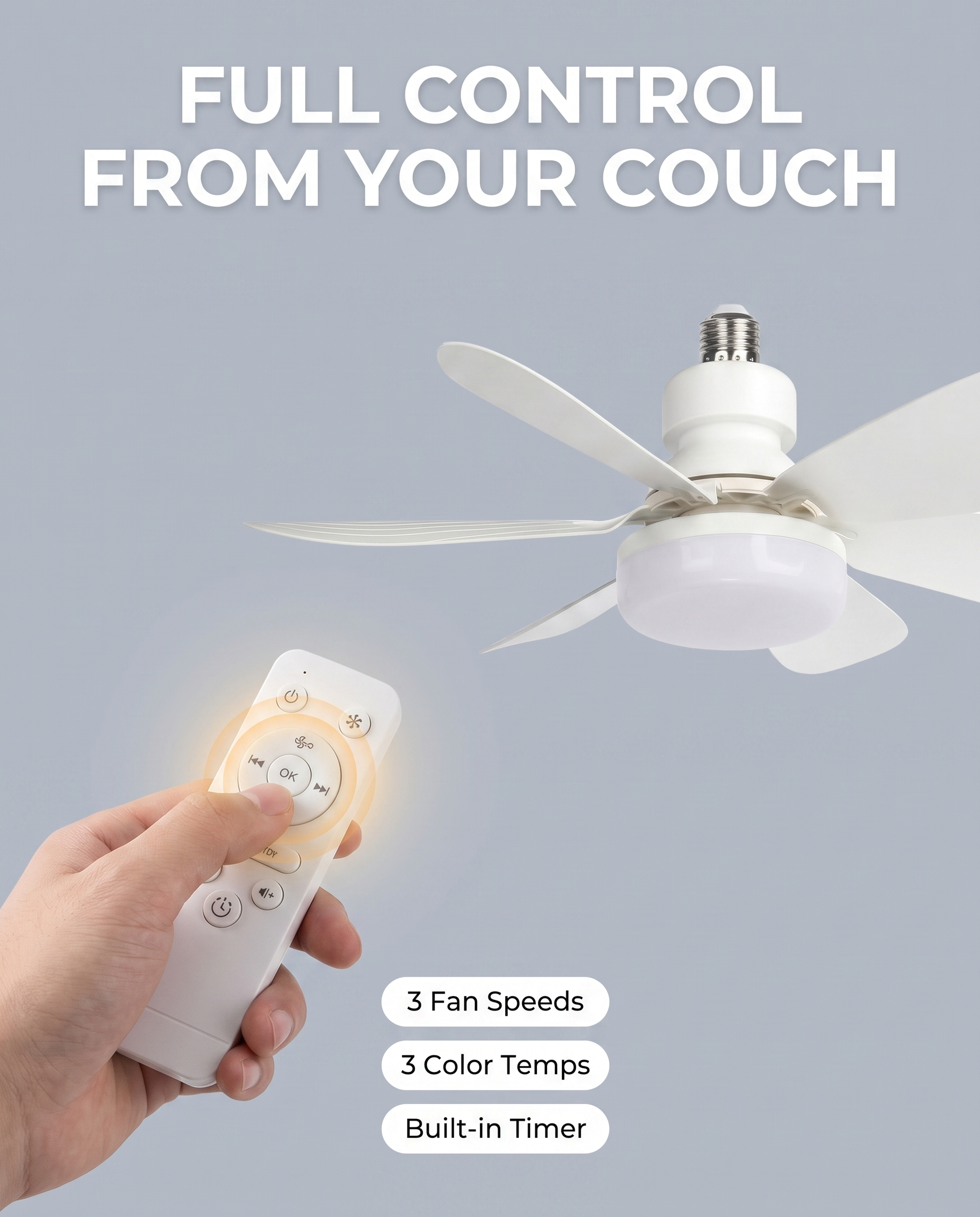 Favonia Flower Ceiling Fan Light remote control feature graphic, 3 speeds 3 color temps timer